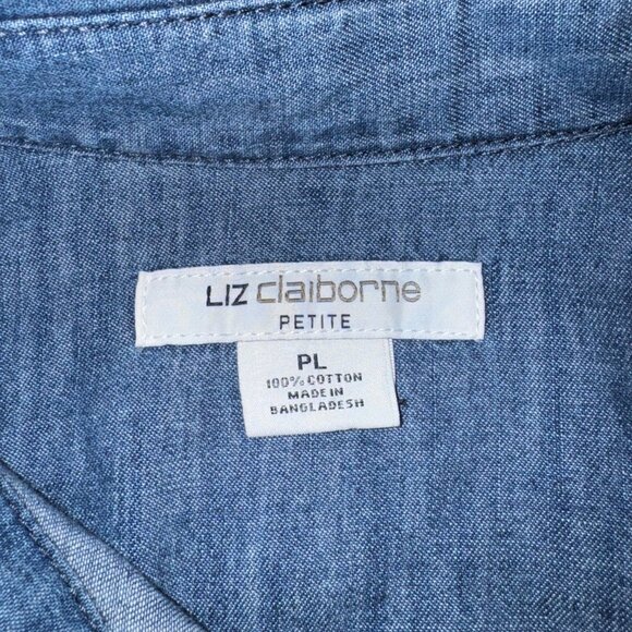 Liz Claiborne Petite Size PL Women Blue Denim Snap Front Shirt Long Sleeve Weste - Picture 12 of 16